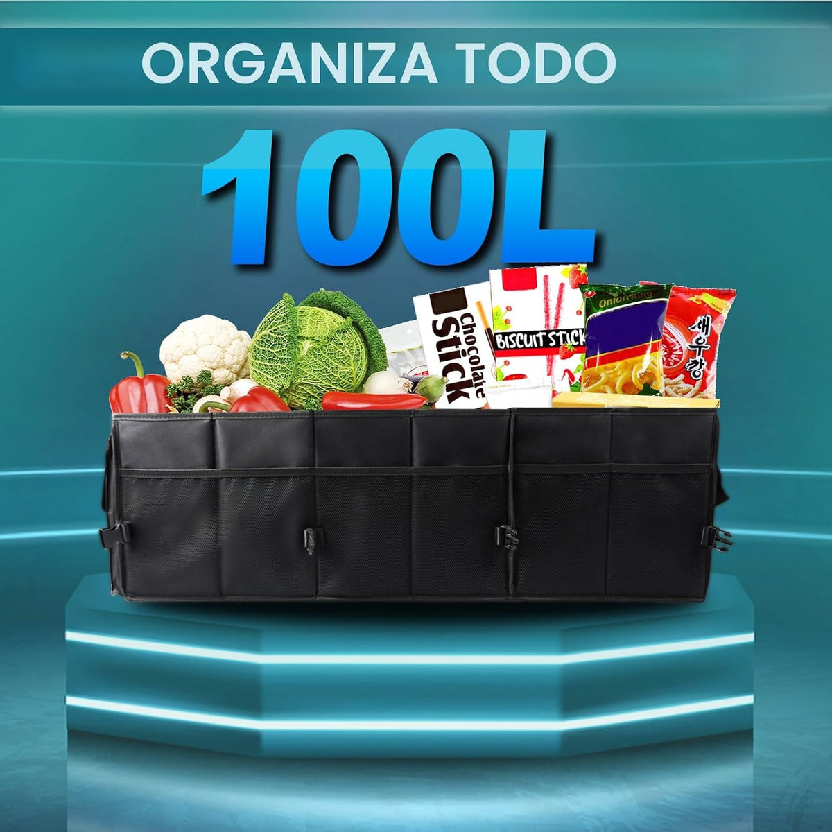 Organizador de maletero extragrande de 98 litros, plegable, con divisores extraíbles y correas de seguridad ajustables para automóvil, SUV, camioneta