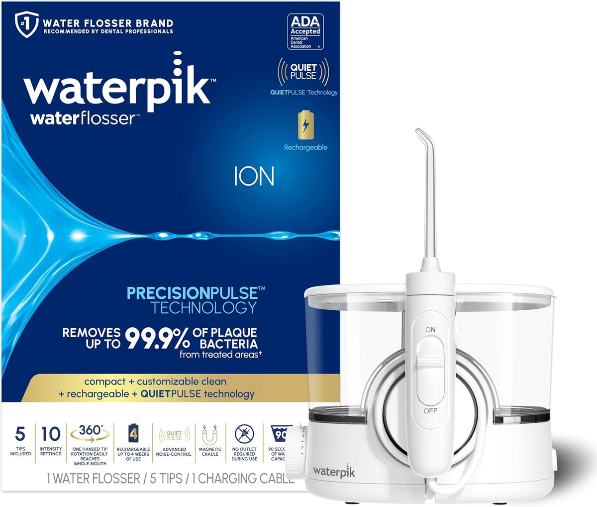 Waterpik ION - Irrigador de agua recargable con 10 ajustes, 5 puntas, color