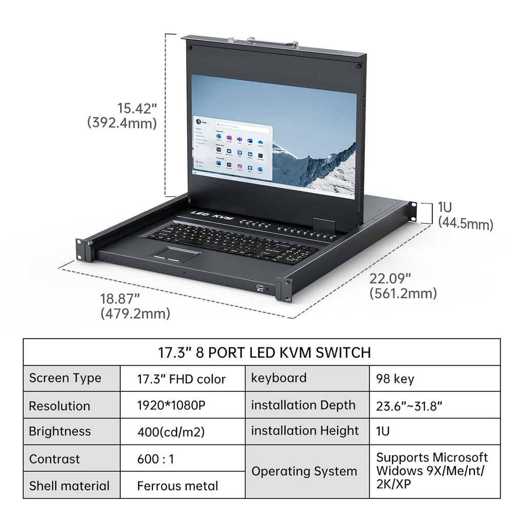MT-VIKI® KVM - Soporte HDMI para rack con monitor LCD de 17.3 pulgadas, soporte OSD/Hotkey, incluye 8 cables KVM + teclado + panel táctil, compatible con rack de 1U de 19 pulgadas