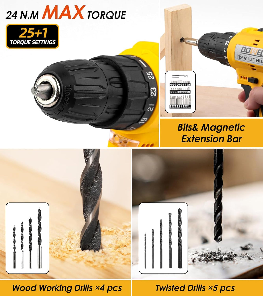 DOWELL Kit de herramientas de 147 piezas con taladro inalámbrico de...
