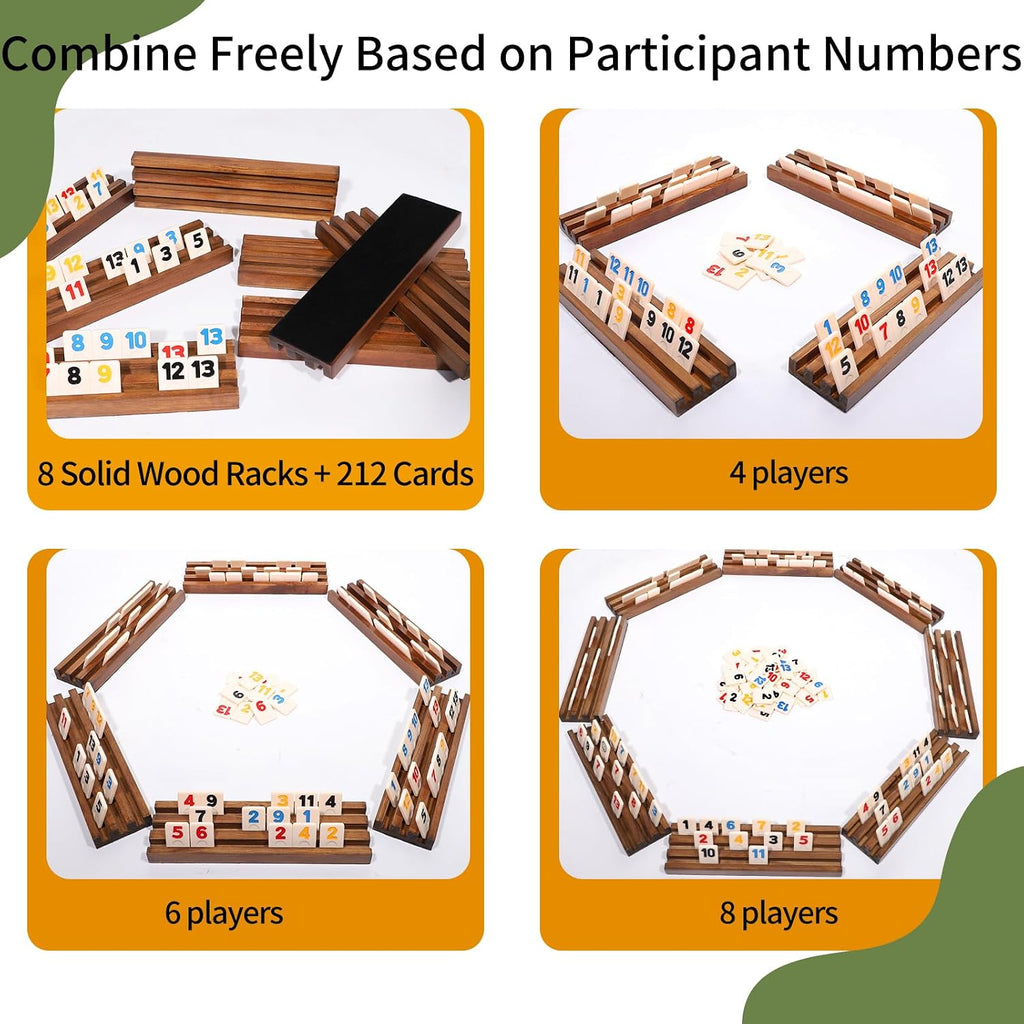 Rummy Cube - Juego original de cubo Rummy para 6 a 8 jugadores con 212 azulejos y 8 estantes de madera, juegos de mesa clásicos para familia y fiestas