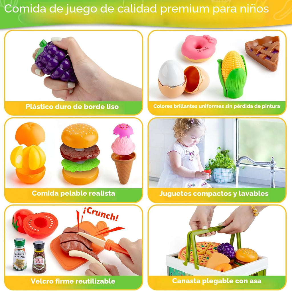 78 piezas de alimentos de juguete para cocina de niños, alimentos de juguete para cortar con canasta de almacenamiento, accesorios de cocina de juguete, juguetes de comida con verduras, frutas, comida
