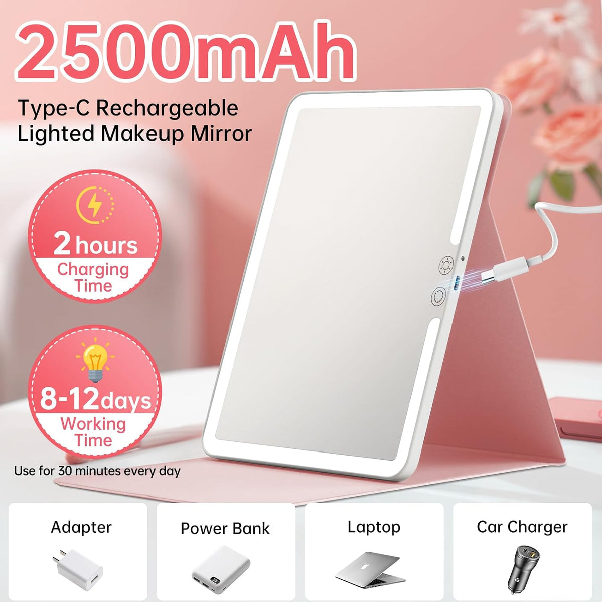 FUNTOUCH - Espejo de maquillaje de viaje recargable grande de 2500 mAh con