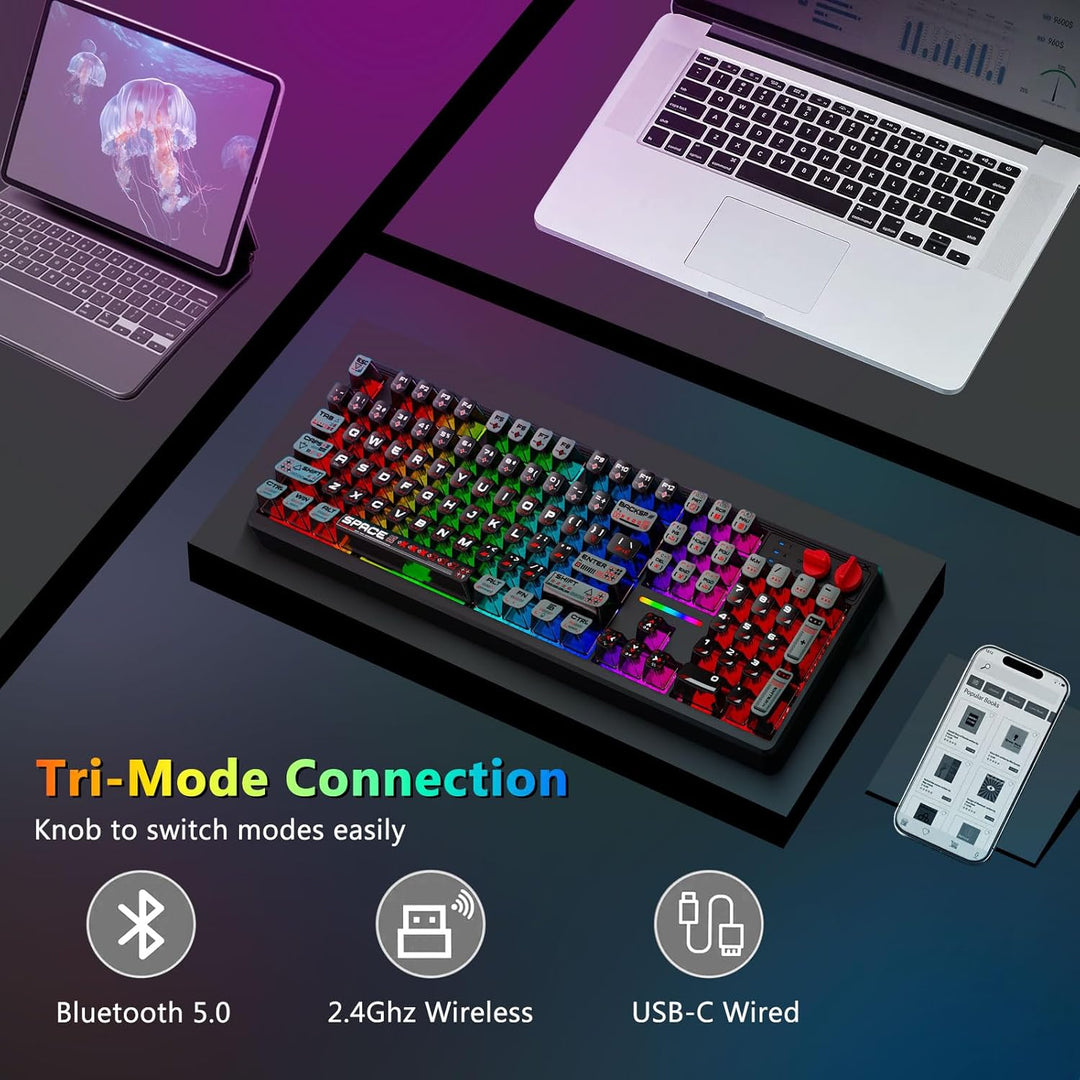 E-YOOSO Teclado mecánico inalámbrico cremoso, Bluetooth\/2.4GHz\/US...