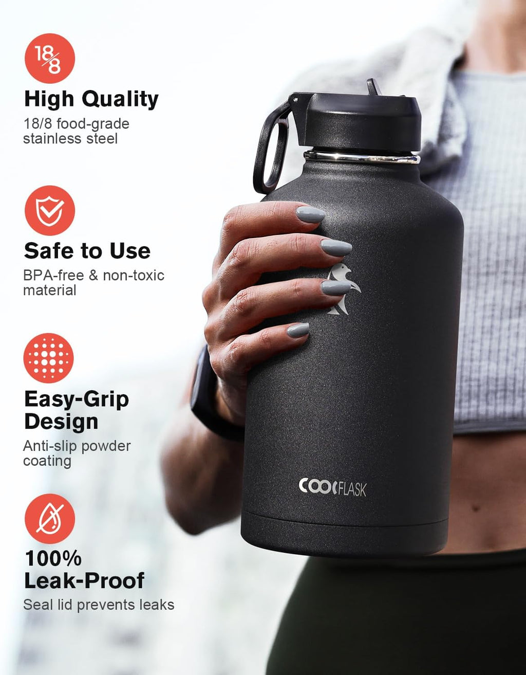 Coolflask botella de agua térmica de 64 onzas con tapa con popote y tapa con boca, botella de agua de medio galón con boca ancha, evita la condensación, sin bisfenol A, mantiene las bebidas frías durante 48 horas o calientes durante 24 horas, color negro