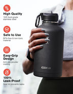 Coolflask botella de agua térmica de 64 onzas con tapa con popote y tapa con boca, botella de agua de medio galón con boca ancha, evita la condensación, sin bisfenol A, mantiene las bebidas frías durante 48 horas o calientes durante 24 horas, color negro