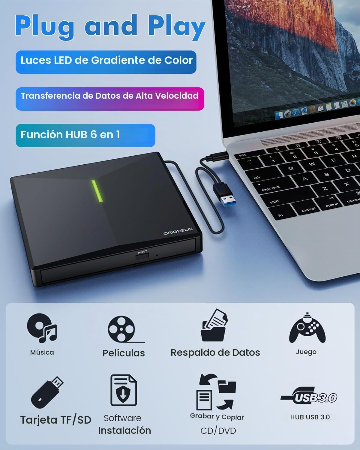 ORIGBELIE Unidad externa de CD\/DVD para portátil, 4 puertos USB y...