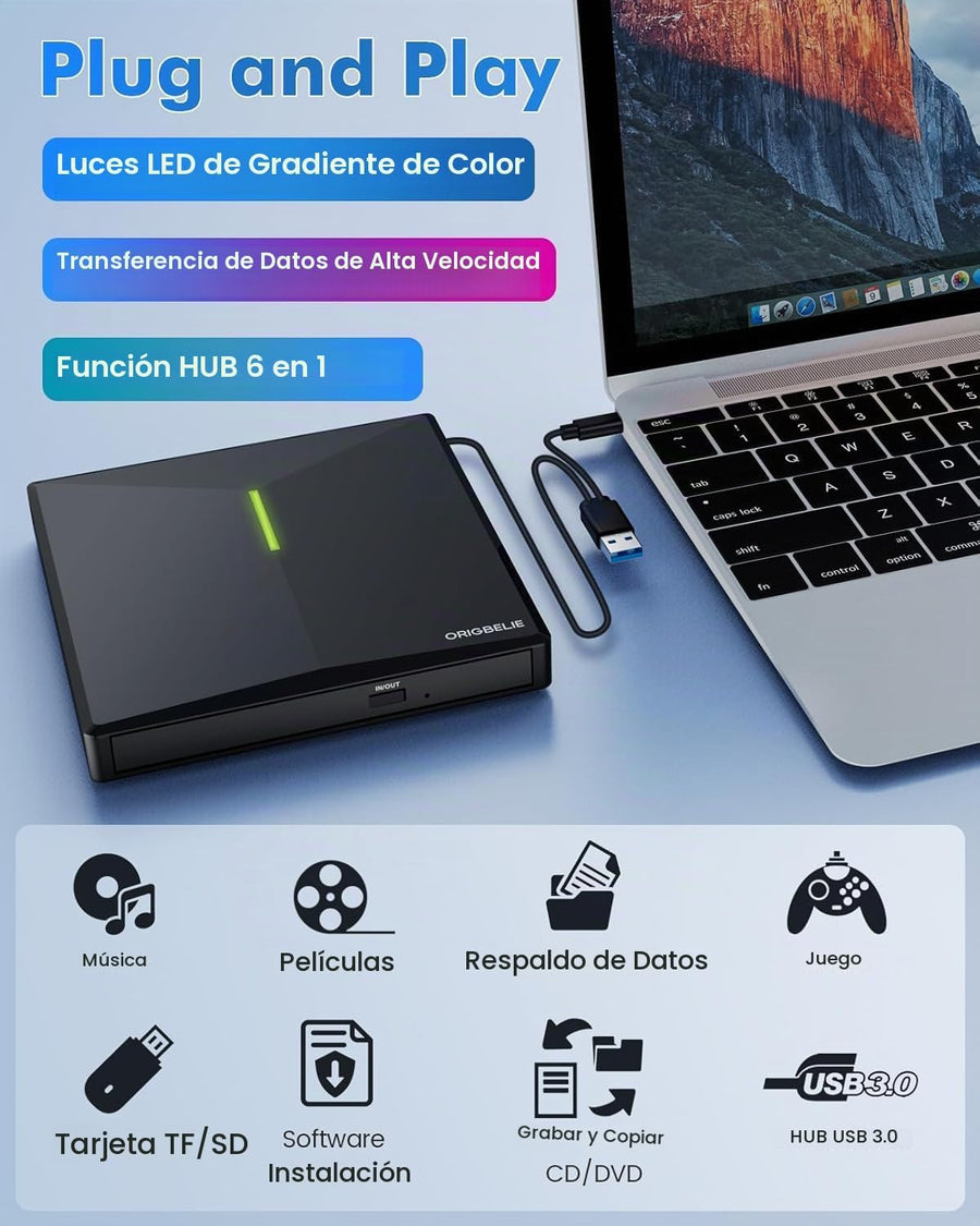ORIGBELIE Unidad externa de CD\/DVD para portátil, 4 puertos USB y...