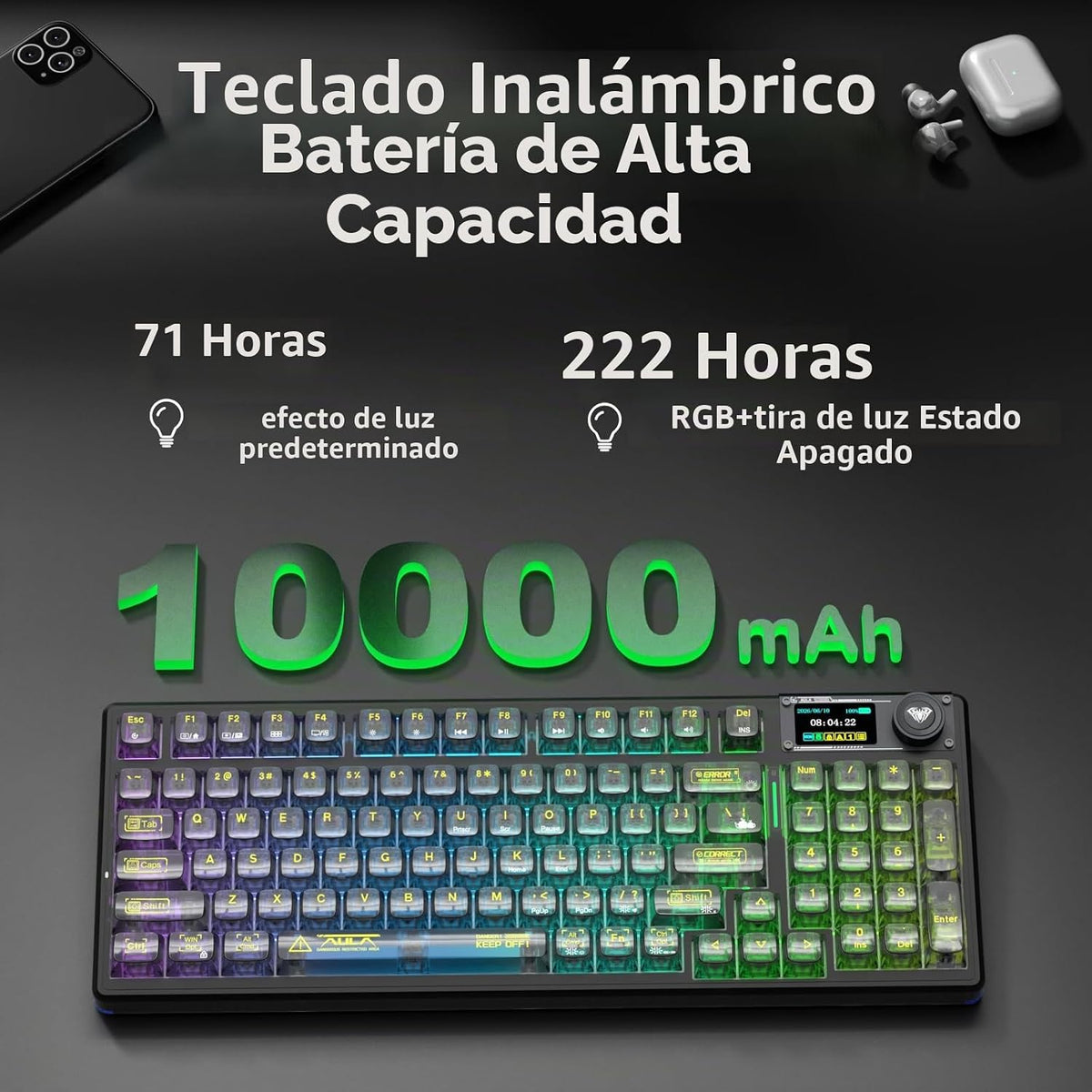 Aula F98Pro V3 - Teclado mecánico inalámbrico con pantalla y perill...