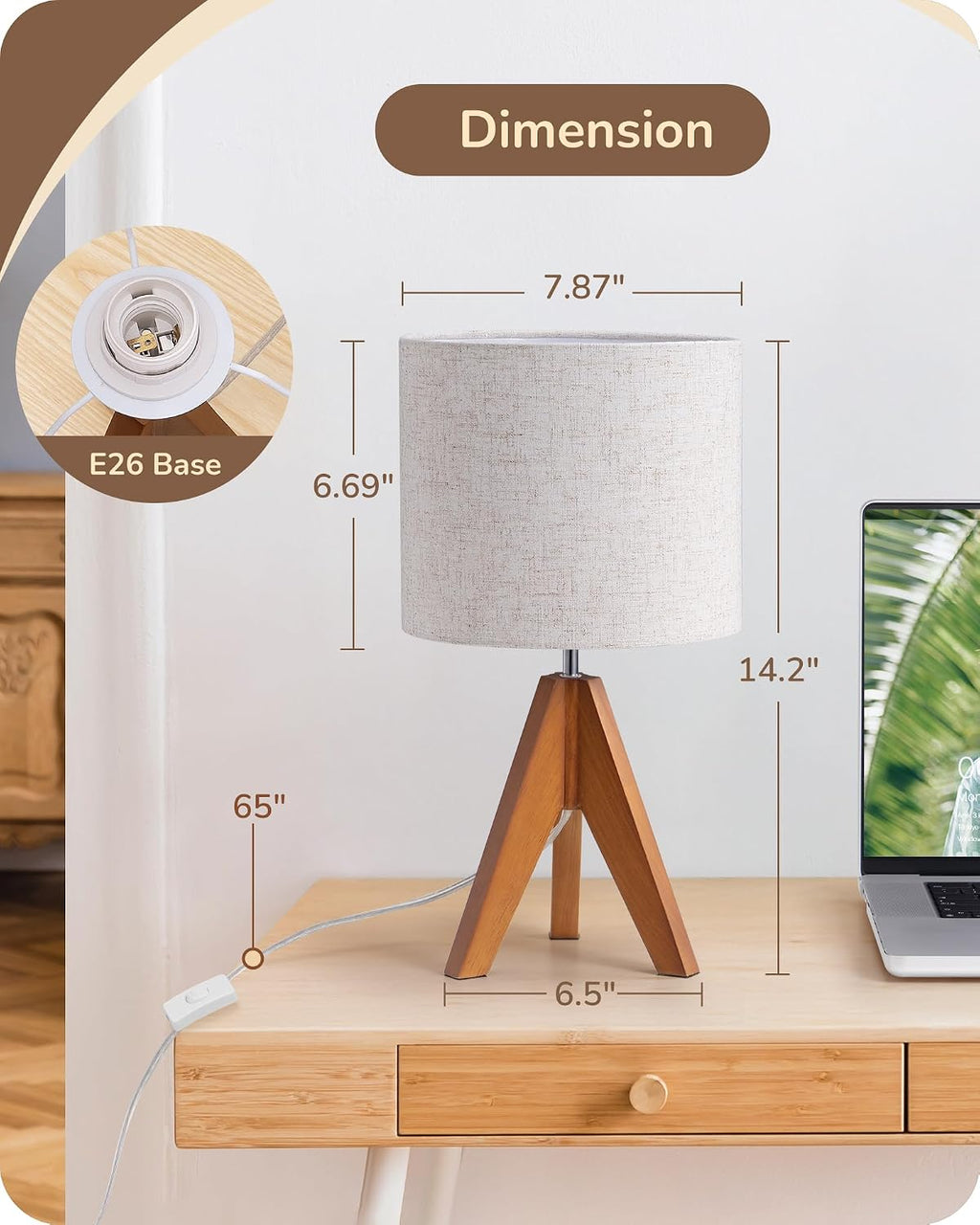 Lámpara EDISHINE Lámpara de mesa con trípode, pequeña y bonita lámpara de noche