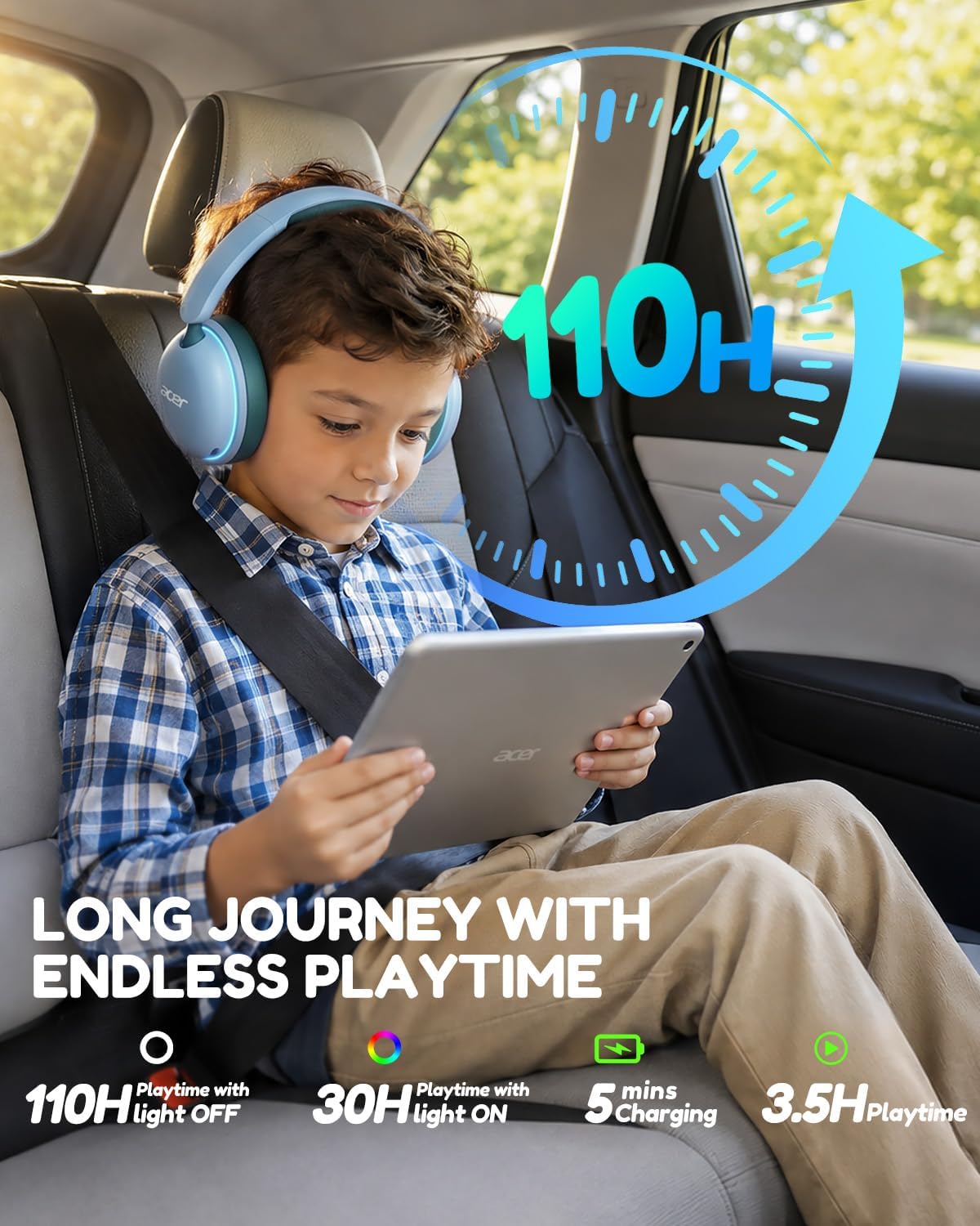 Acer OHR727 - Auriculares Bluetooth para niños, diseño cómodo sobre la