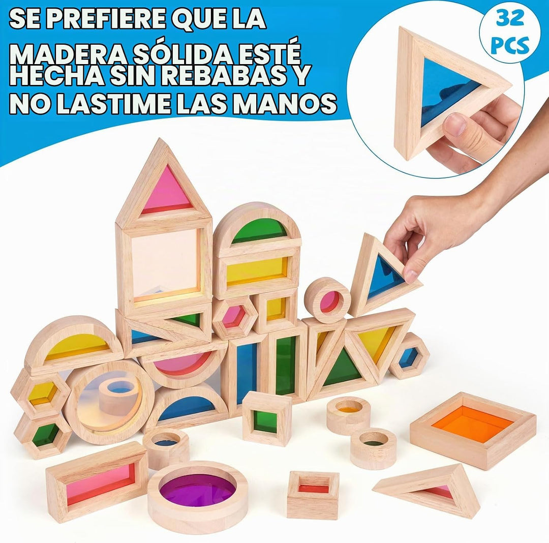Agirlgle Bloques de construcción de madera arcoíris para niños, 32...