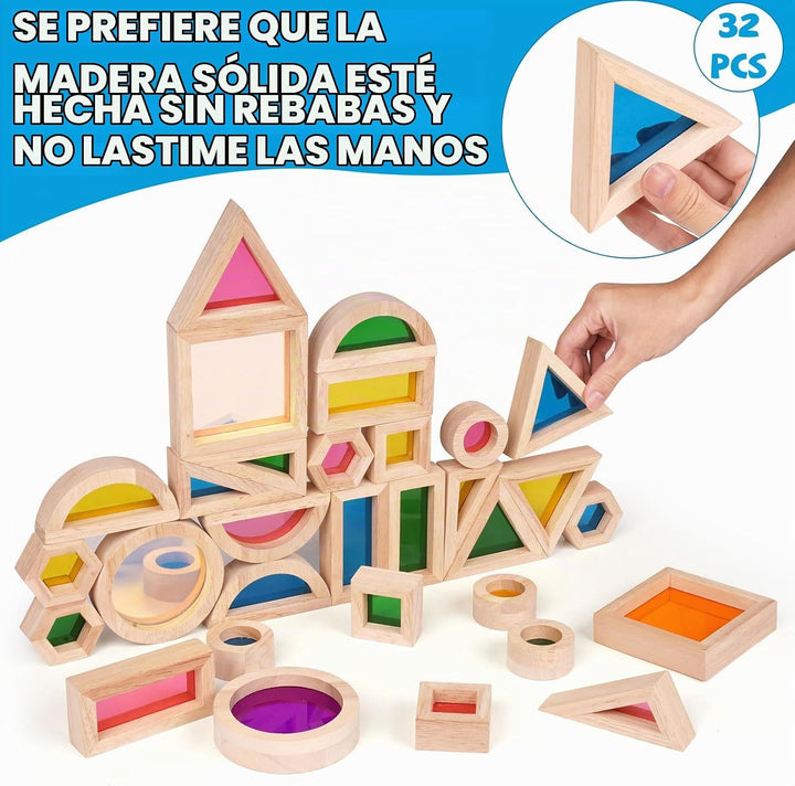 Agirlgle Bloques de construcción de madera arcoíris para niños, 32...