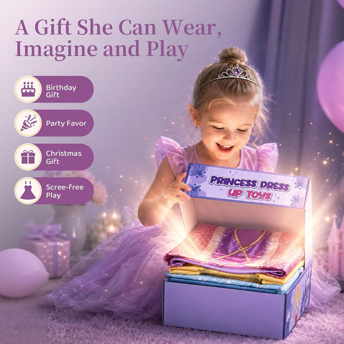 Meland Vestido Princesa para Niñas con Zapatos y Juguete, Regalo para Niñas de 3, 4, 5 y 6 años