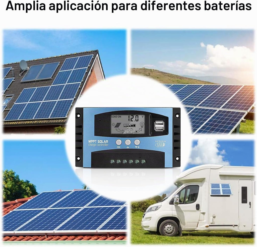 Controlador de carga de panel solar MPPT de 60 A, controlador de cargador de batería solar automático de 12 V/24 V con pantalla LCD, puerto USB dual y temporizador de ajuste de horas de