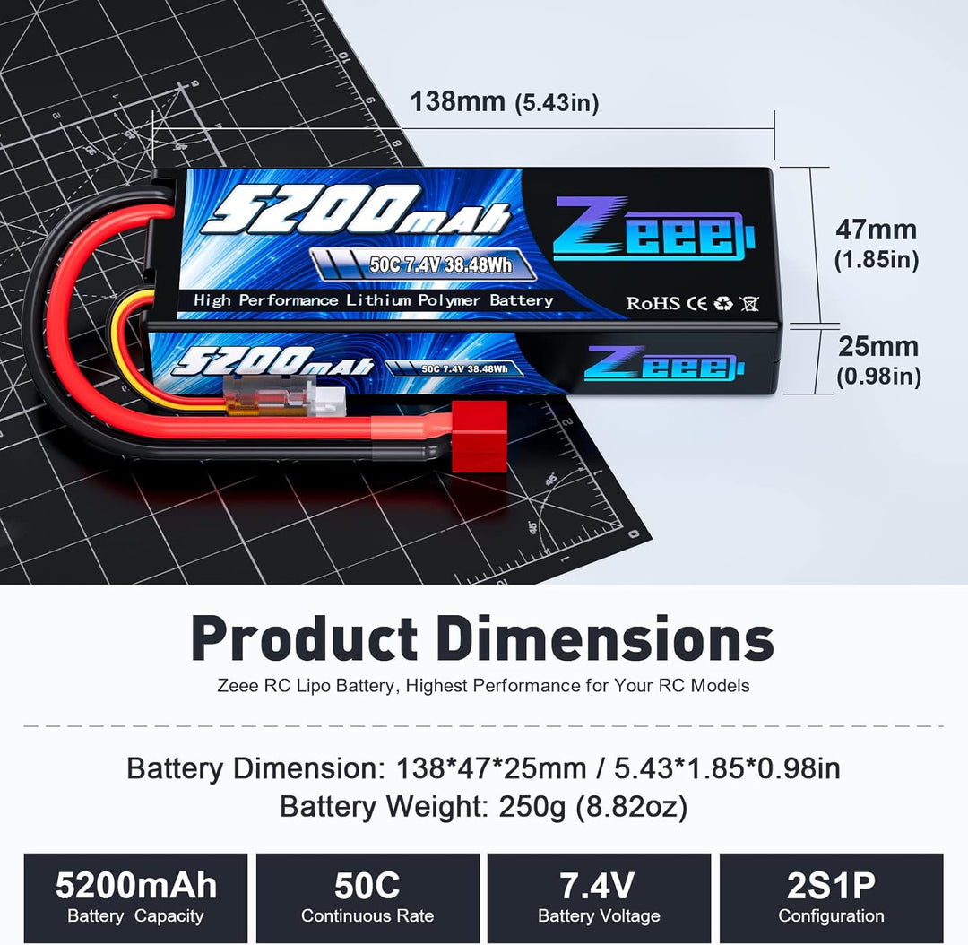 Zeee Lipo Battery 2S 50C 5200mAh Lipos Estuche rígido con