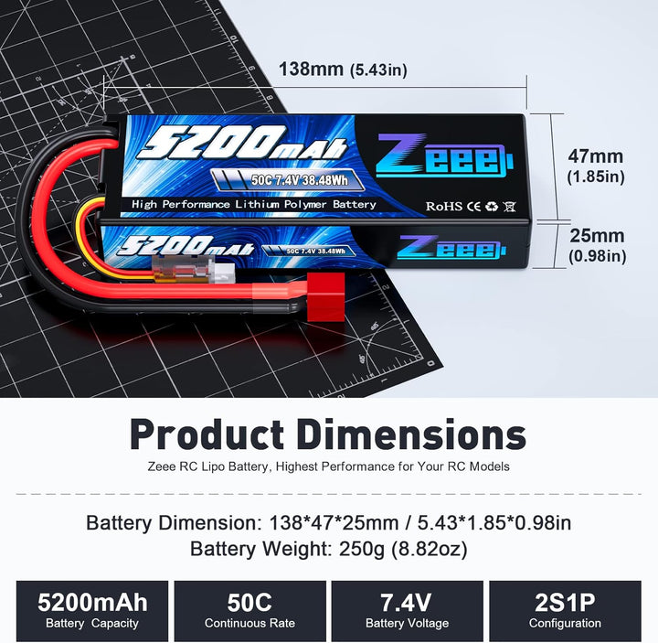 Zeee Lipo Battery 2S 50C 5200mAh Lipos Estuche rígido con