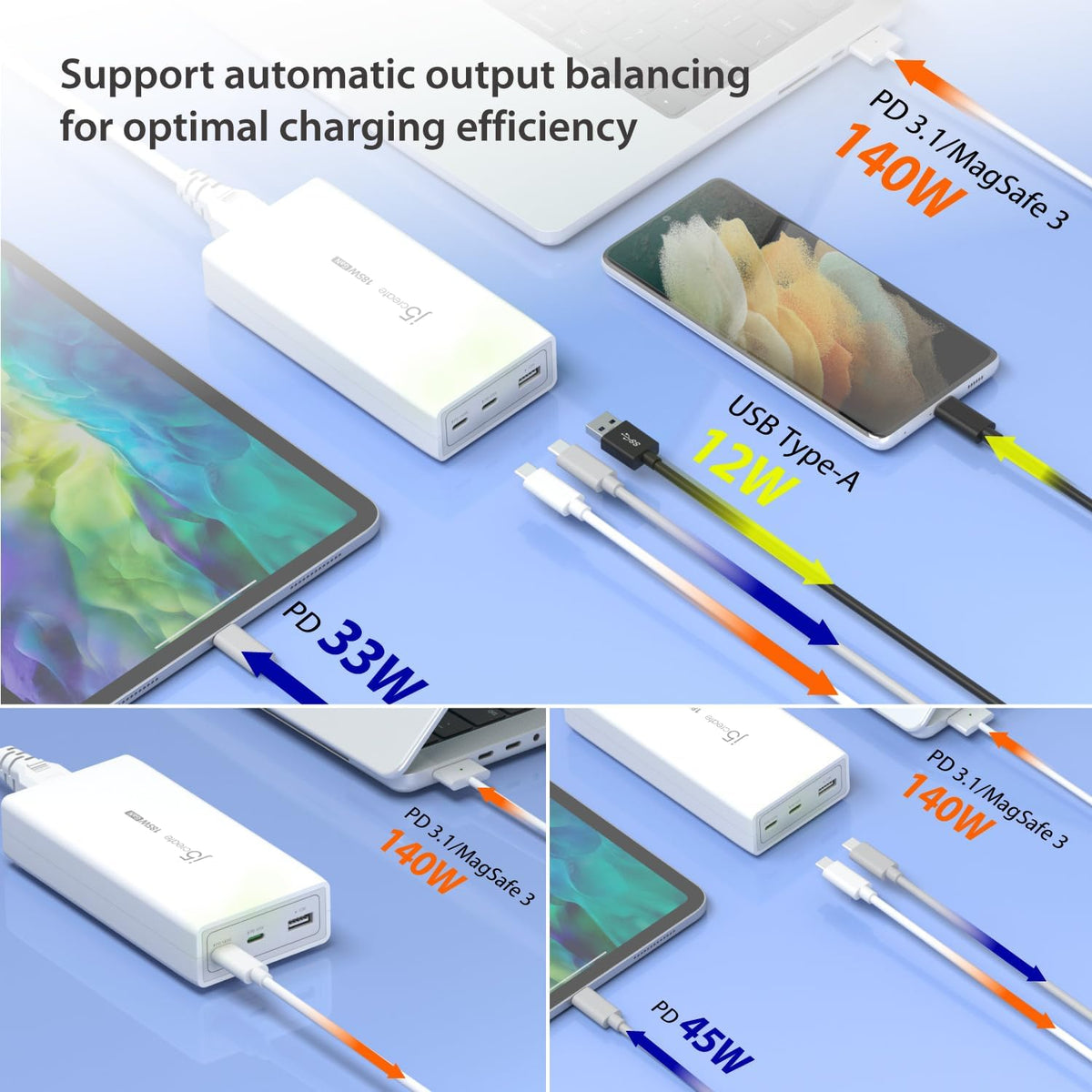 j5create 185W GaN USB-C/A 3-Port Laptop Super Cargador con Power Delivery 3.1