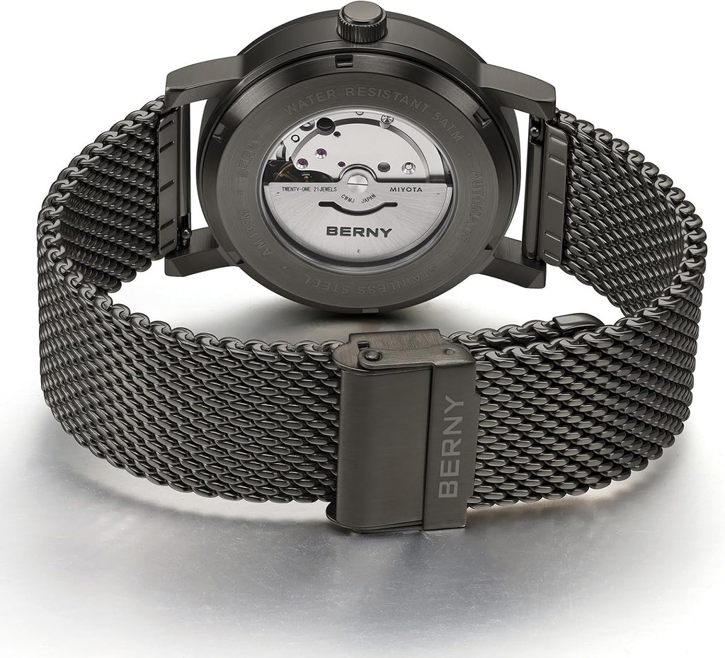 BERNY Reloj Automático Clásico para Hombre, Mecánico, Automático, Correa de Acero Inoxidable, Movimiento MIYOTA 8215, Resistente al Agua 5ATM, Esfera Completa Luminosa, Vidrio de Zafiro, Relojes de