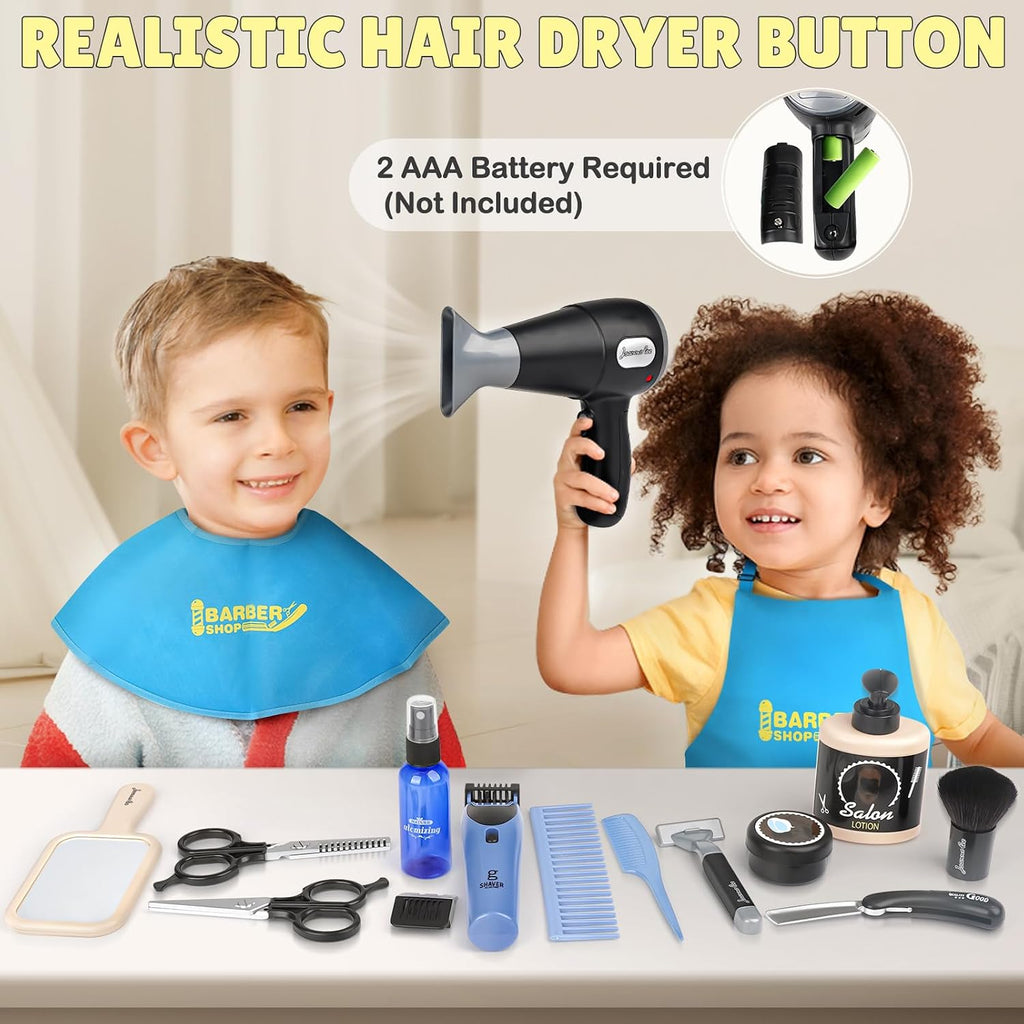 Juego de simulación de peluquería, juguetes de peluquería para niños, kit de afeitado para niños para niños de 3 años en adelante con secador de pelo, juguetes de afeitadora eléctrica, bolsa de