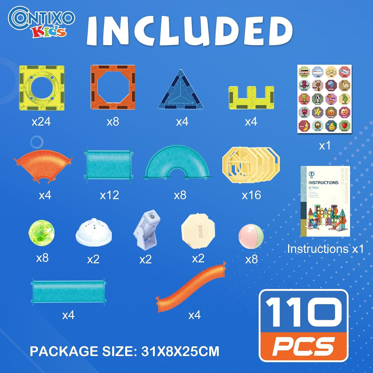 Contixo Juguetes de Construcción STEM – 110 piezas Azulejos Magnéticos 3D para Pistas de Canicas, Juguetes de Aprendizaje y Apilamiento, Conjunto de Bloques de Construcción Educativos, Creatividad Más