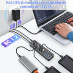 RSHTECH, RSH-ST10C, hub USB 3.2 de 10 puertos, alimentado, adaptador 12V/5A