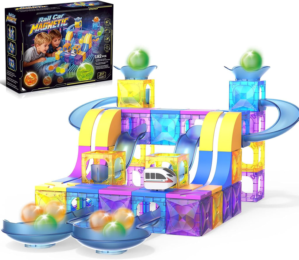 Juego de tren eléctrico, juego de bolas rodantes con pista de carreras, soportes magnéticos, azulejos y tren de pista 3D, 182 piezas, juguete de aprendizaje STEM de construcción 4 en 1