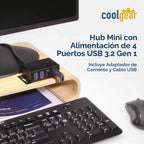 Coolgear, CG-U3MINI4PH, hub USB 3.2 de 4 puertos, alimentado, adaptador 5V/4A