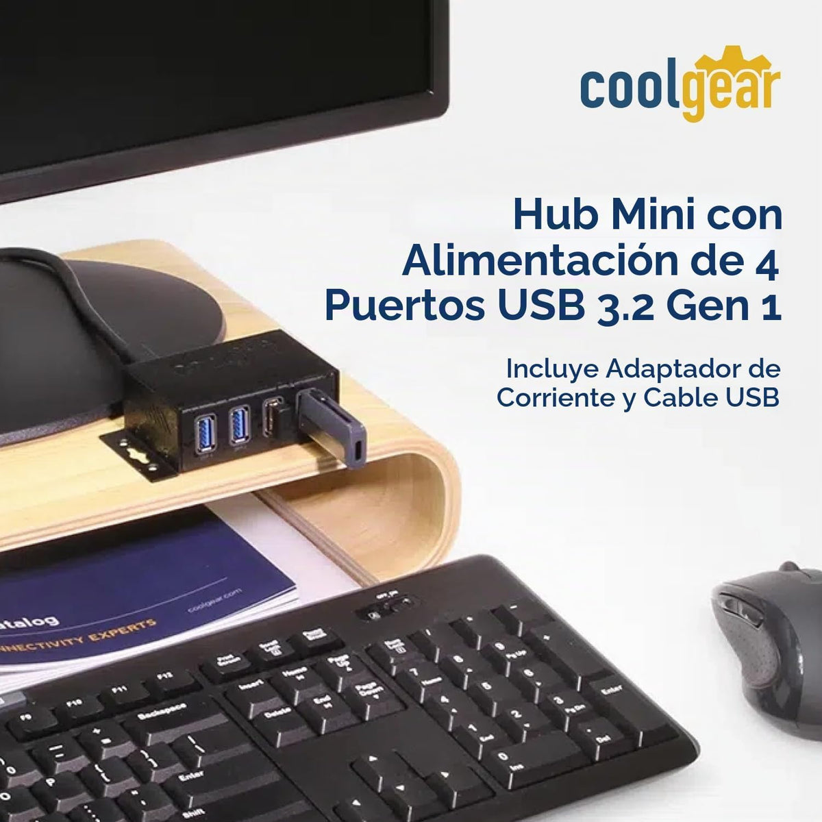Coolgear, CG-U3MINI4PH, hub USB 3.2 de 4 puertos, alimentado, adaptador 5V/4A