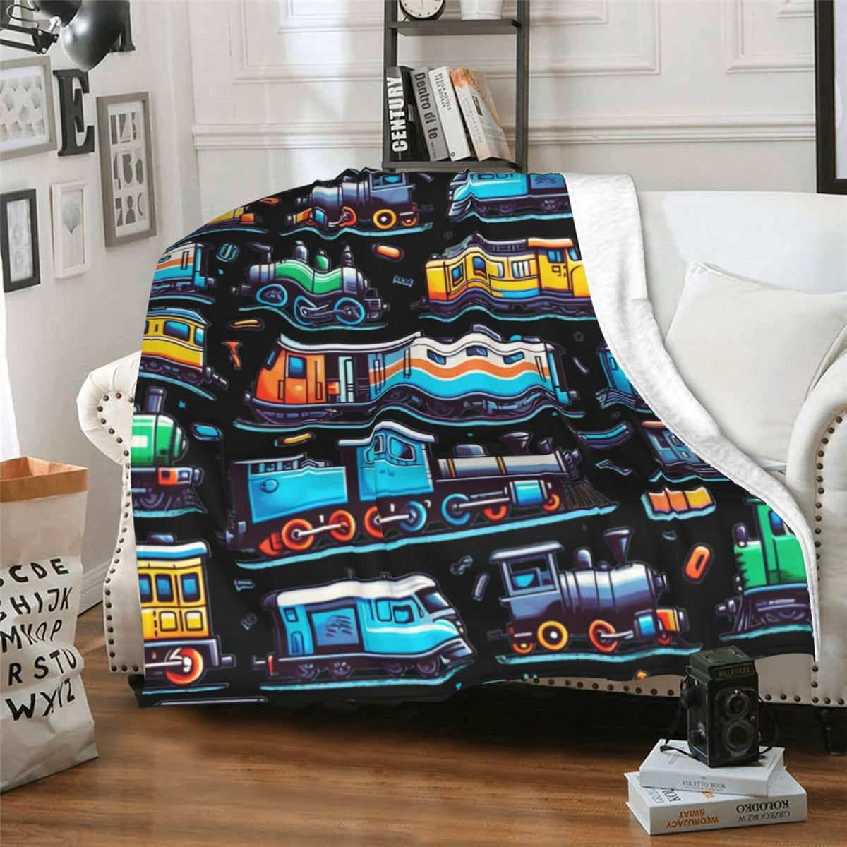 Manta con temática de trenes, 127 x 102 cm de franela, linda manta de trenes rellena, manta suave para siesta, mantas para la casa para niños, niñas, mujeres, amantes de los trenes