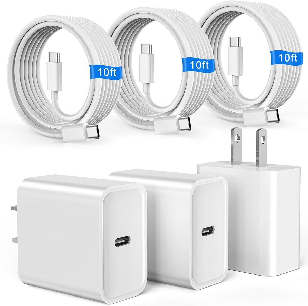 Cargador de carga rápida para iPhone 16 y 15, paquete de 3 cargadores USB C PD de 20 W con cable de 10 pies, cable USB C tipo C para iPhone 16/16 Plus/16 Pro/16 Pro Max/15/15 Pro/15 Pro Max (blanco)