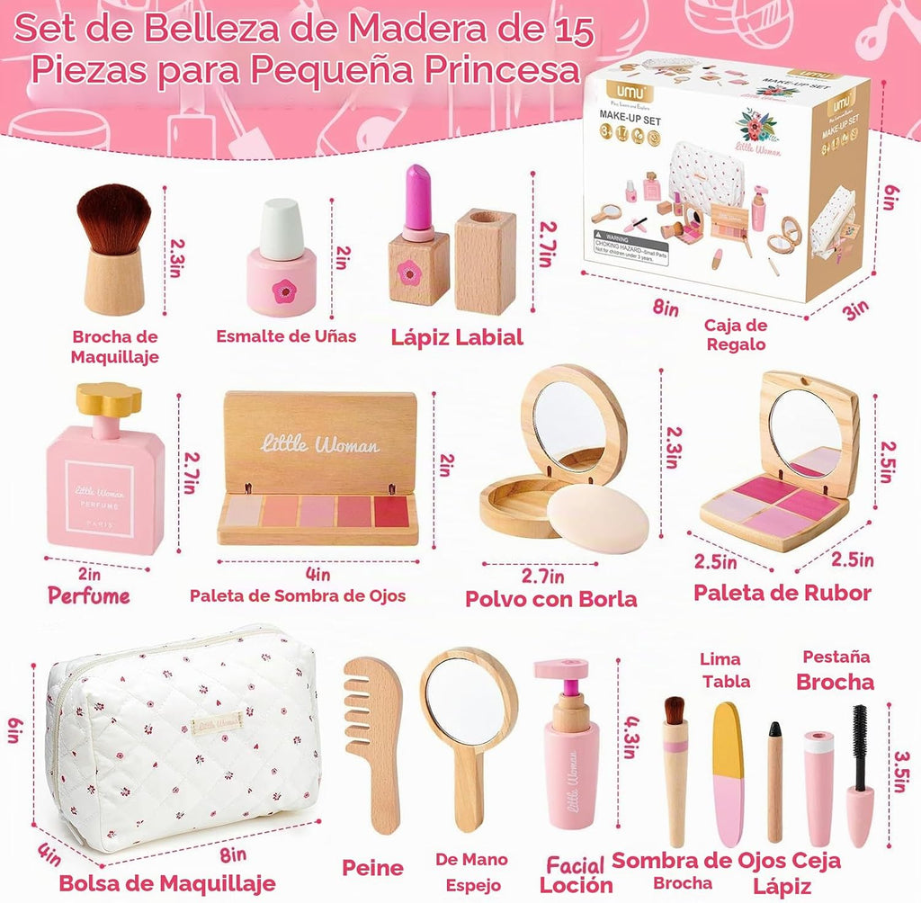 Juego de juguetes de maquillaje de madera para niñas, kit de maquillaje para niños de 3 a 5 años con sombra de ojos, rímel, perfume, rubor, espejo, bolsa, regalos de cumpleaños para niñas