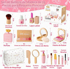 Juego de juguetes de maquillaje de madera para niñas, kit de maquillaje para niños de 3 a 5 años con sombra de ojos, rímel, perfume, rubor, espejo, bolsa, regalos de cumpleaños para niñas