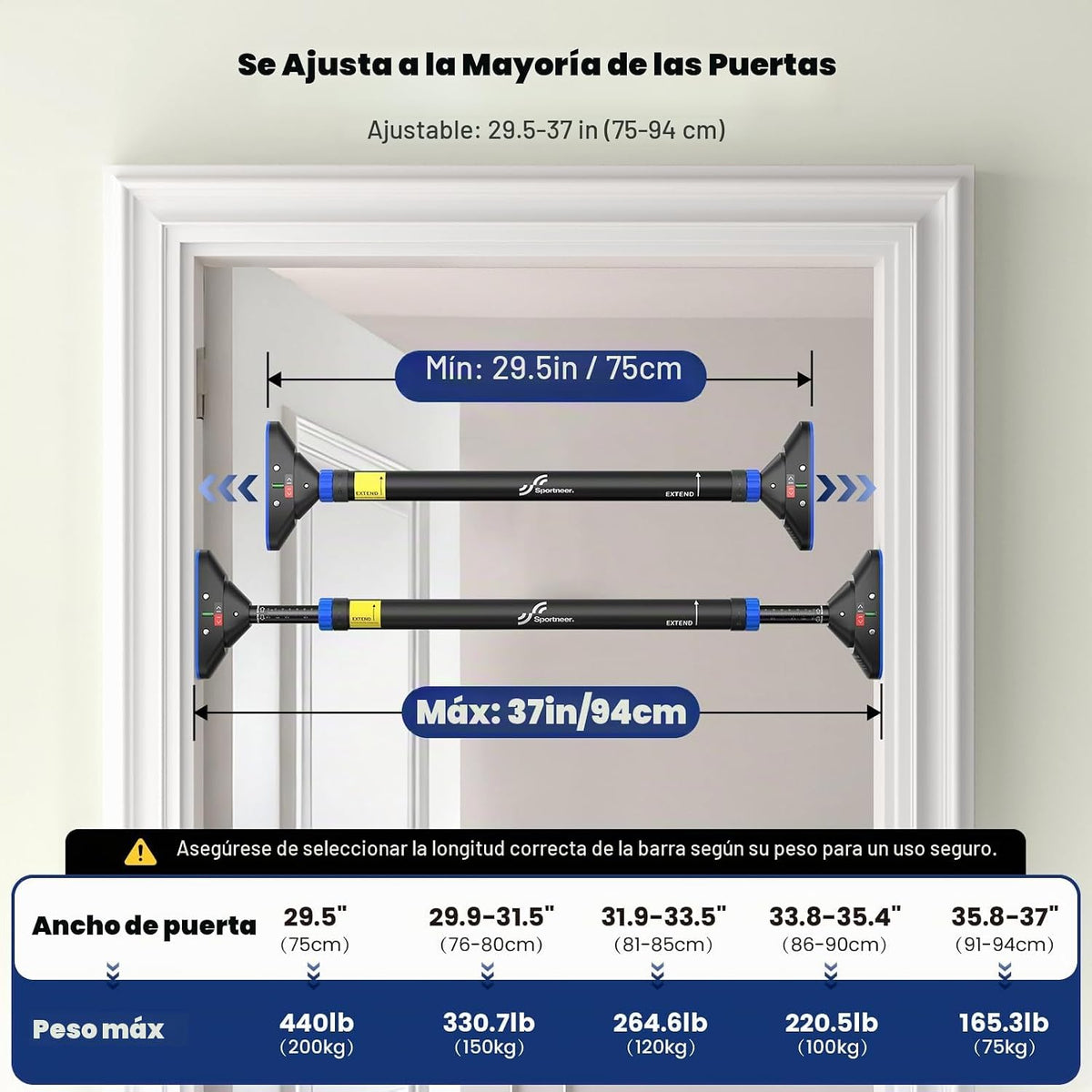 Sportneer Barra de Dominadas para Puerta, Sin Taladro, 29.5-37 in, 440 lb