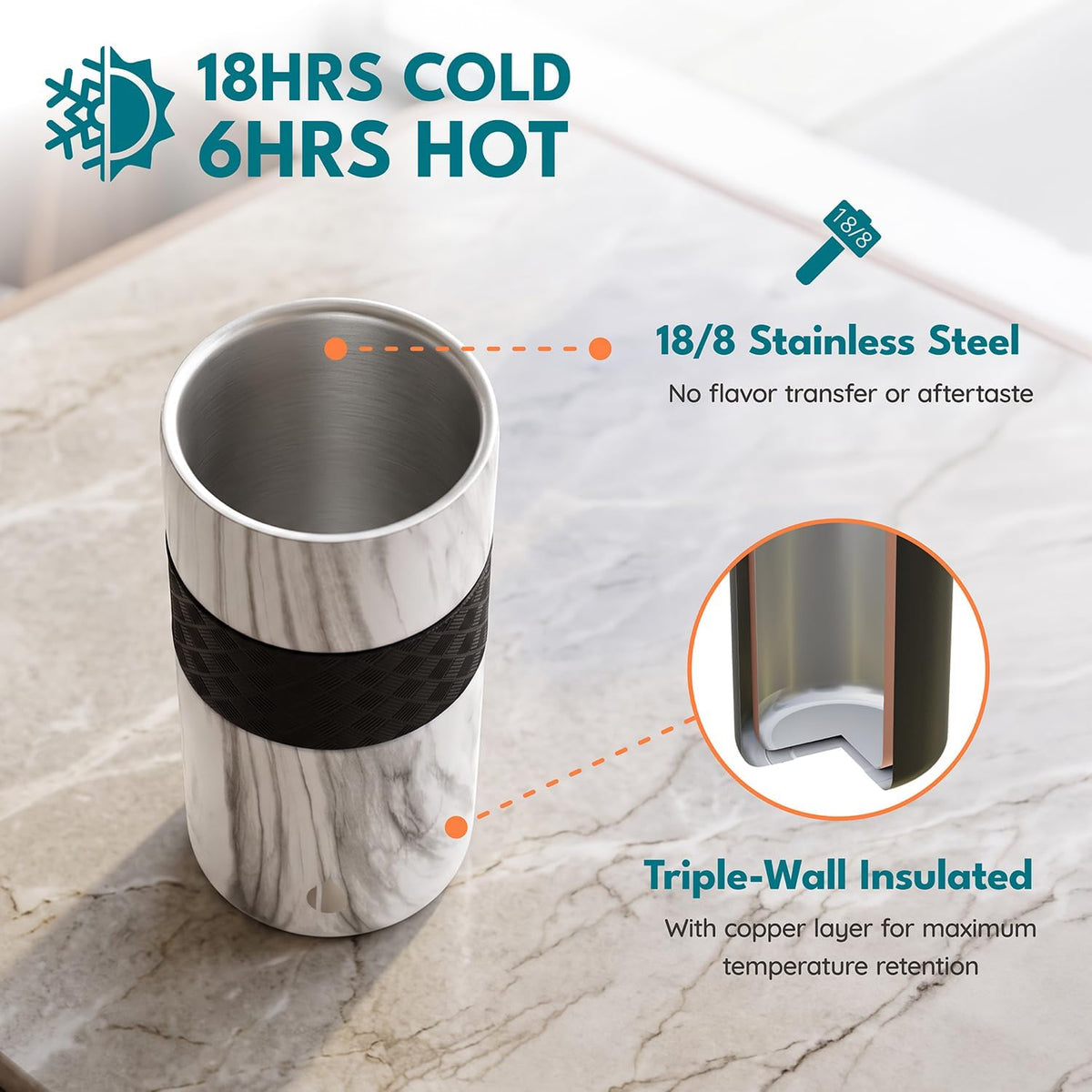 Elemental Vaso aislado artesanal, vaso de viaje para café de triple pared, reutilizable, de acero inoxidable con tapa de cerámica, taza de café térmica para bebidas calientes (6 horas) y frías (18
