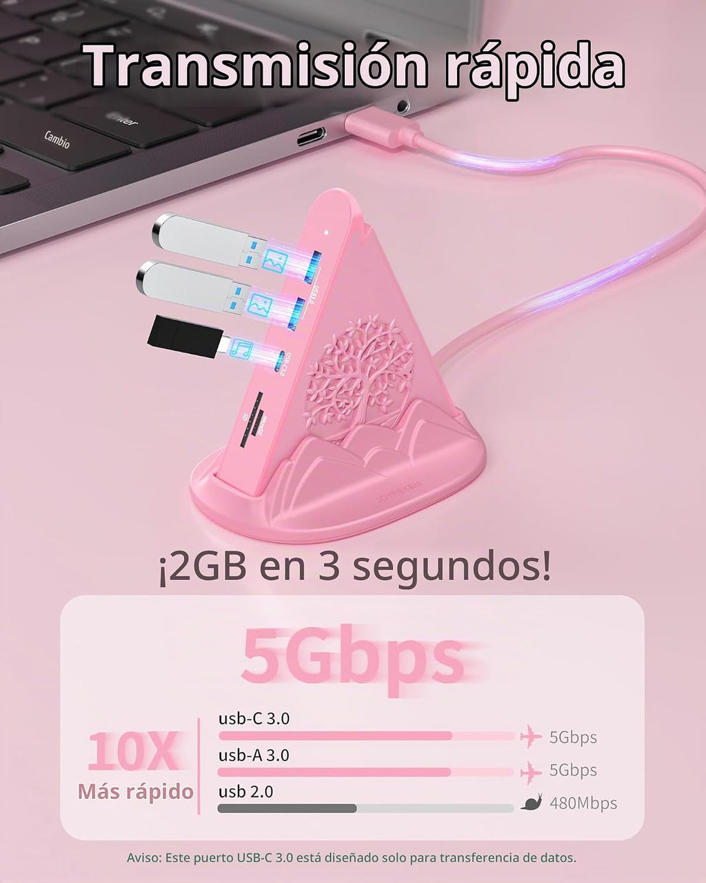 Hub USB C rosa, adaptador multipuerto USB C 8 en 1 con HDMI 4K a 60Hz, carga de energía de 100 W, tipo C de 5 Gbps, 3 USB-A 3.0, ranuras SD/TF e iluminación RGB, concentrador tipo C rosa para MacBook, iPhone17, iPad, XPS (árbol)