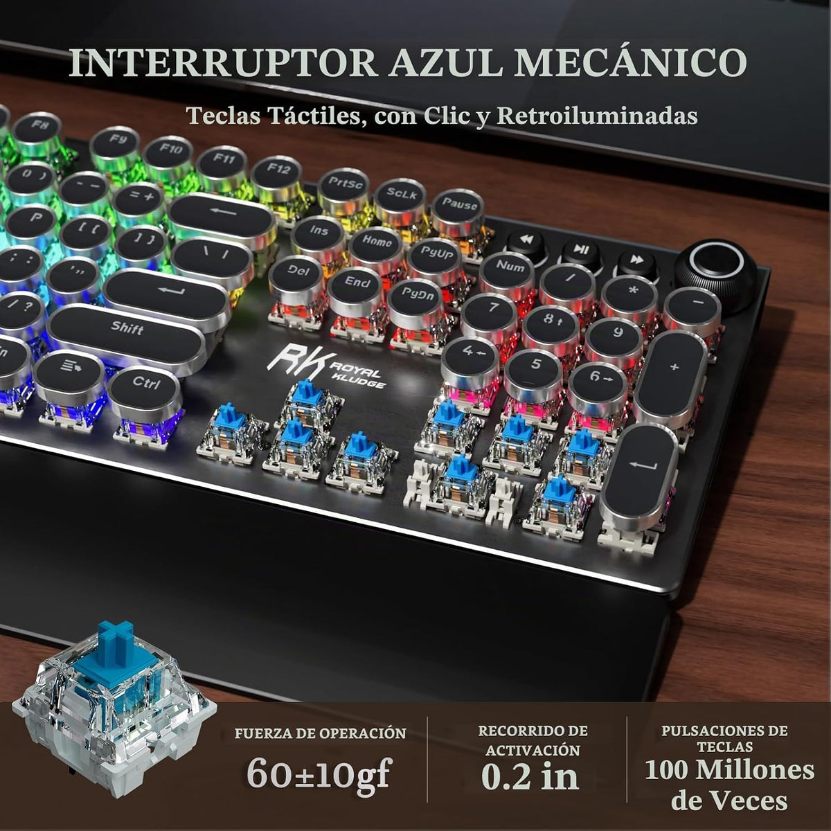 RK ROYAL KLUDGE Teclado de máquina de escribir X108 con perilla, teclado mecánico para juegos con cable, luz lateral retroiluminada RGB, reposamuñecas desmontable, teclas redondas retro, interruptores