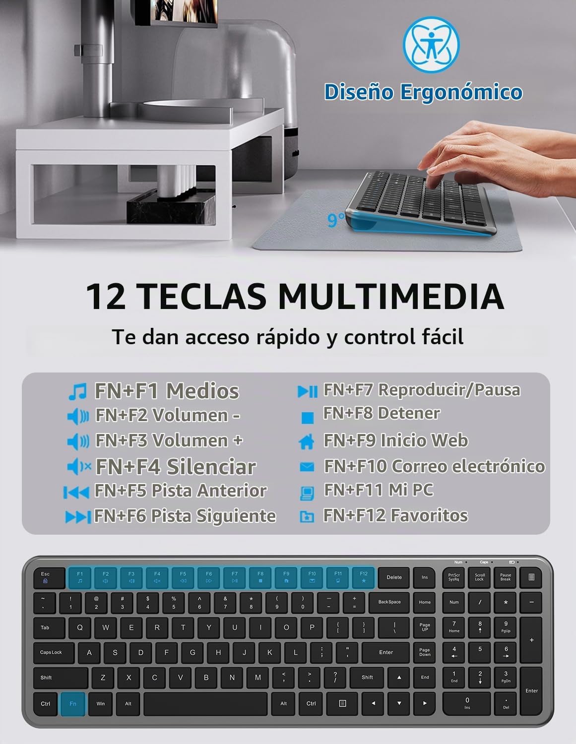 Combo de teclado y mouse inalámbricos, teclado plano delgado y comp...