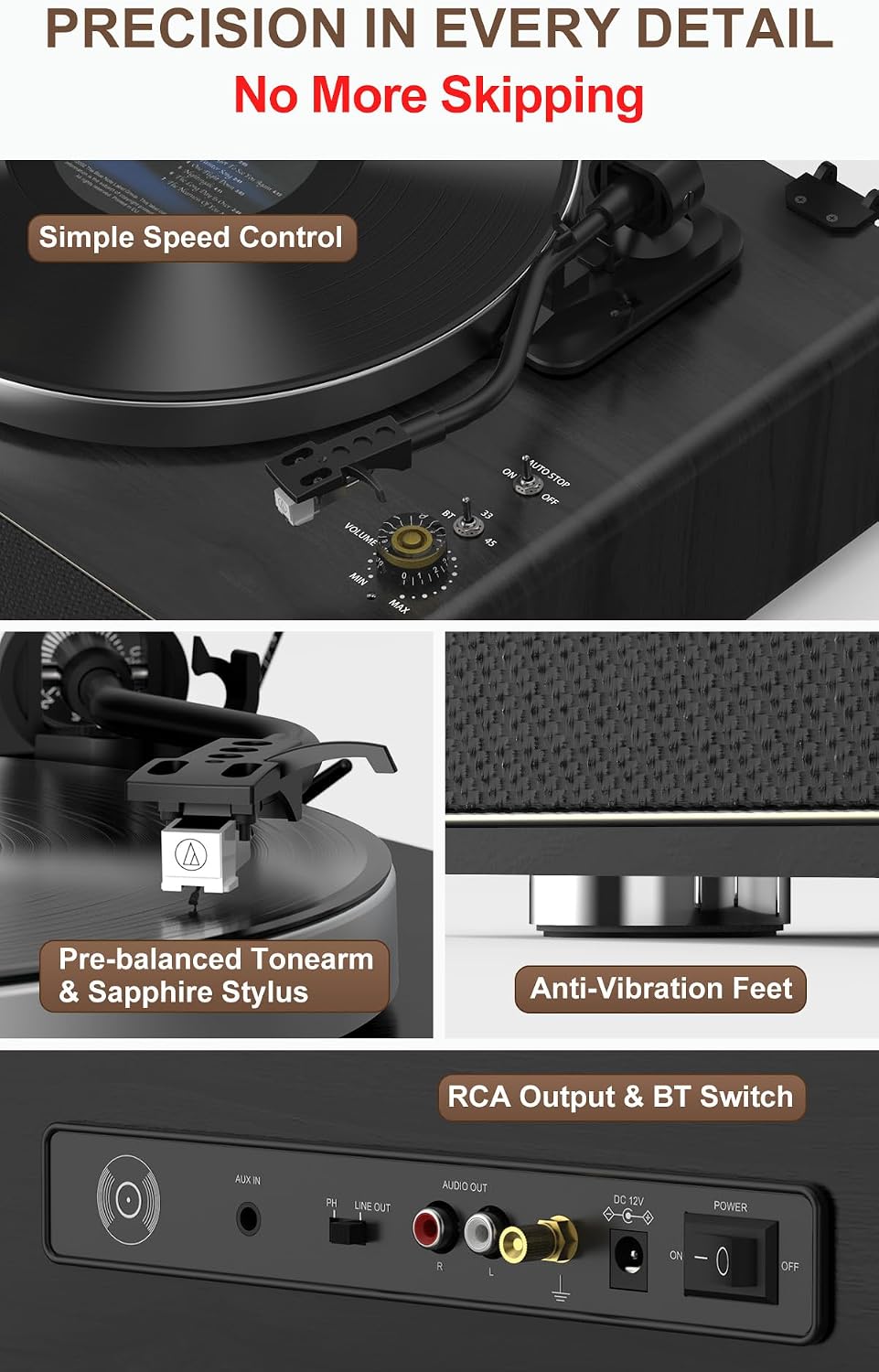Seasonlife® Tocadiscos todo en uno con 4 altavoces y Bluetooth, negro