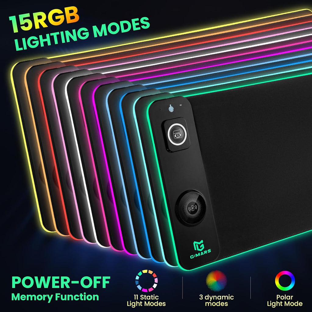 Gimars Alfombrilla de mouse RGB 3 en 1 mejorada con carga inalámbrica rápida magnética de 15 W, alfombrilla de mouse para juegos de 31.5 x 11.8 x 0.16 pulgadas, 15 modos de color, alfombrilla de