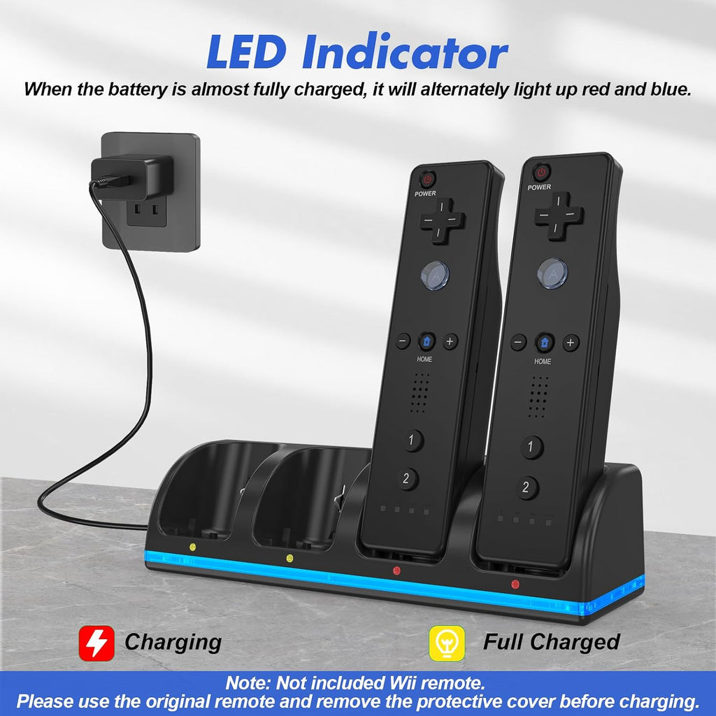 Remote Controller Charger para Wii/Wii U con 4 Pack 2800mAh Rechargeable Battery Pack, 4 puerto carga Station para Controller, Remotes Not Included