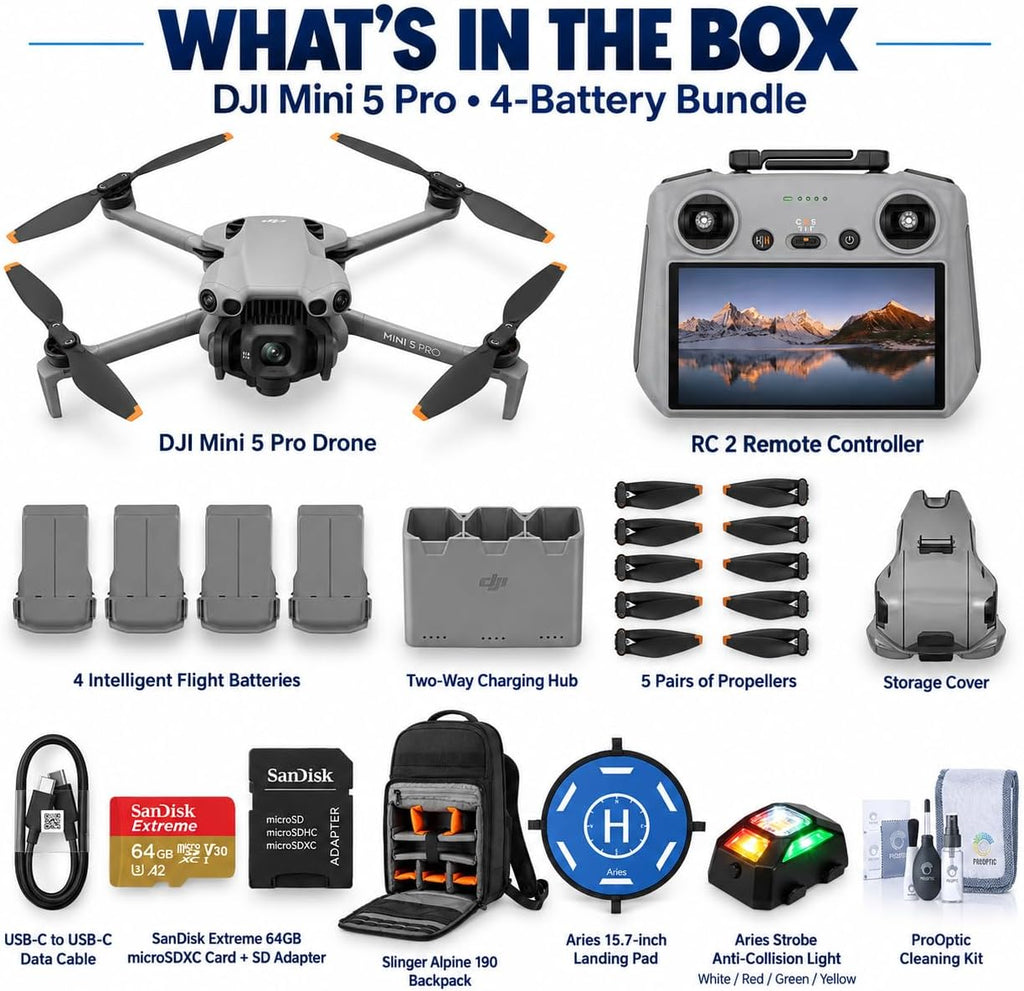 DJI Mini 5 Pro 4K Drone Bundle con RC 2, 4 baterías y accesorios