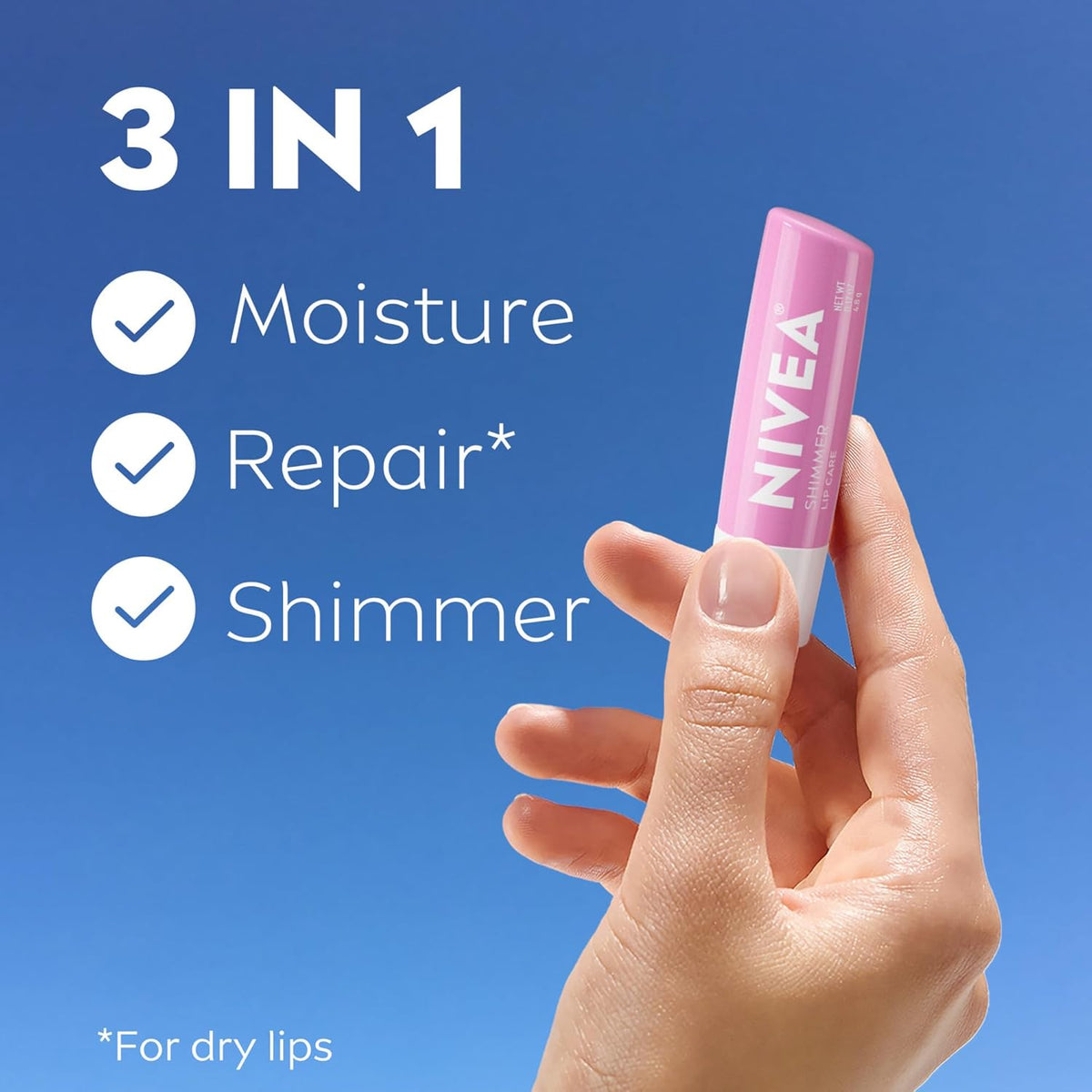 NIVEA Shimmer Lip Care, paquete de bálsamo labial brillante con man...