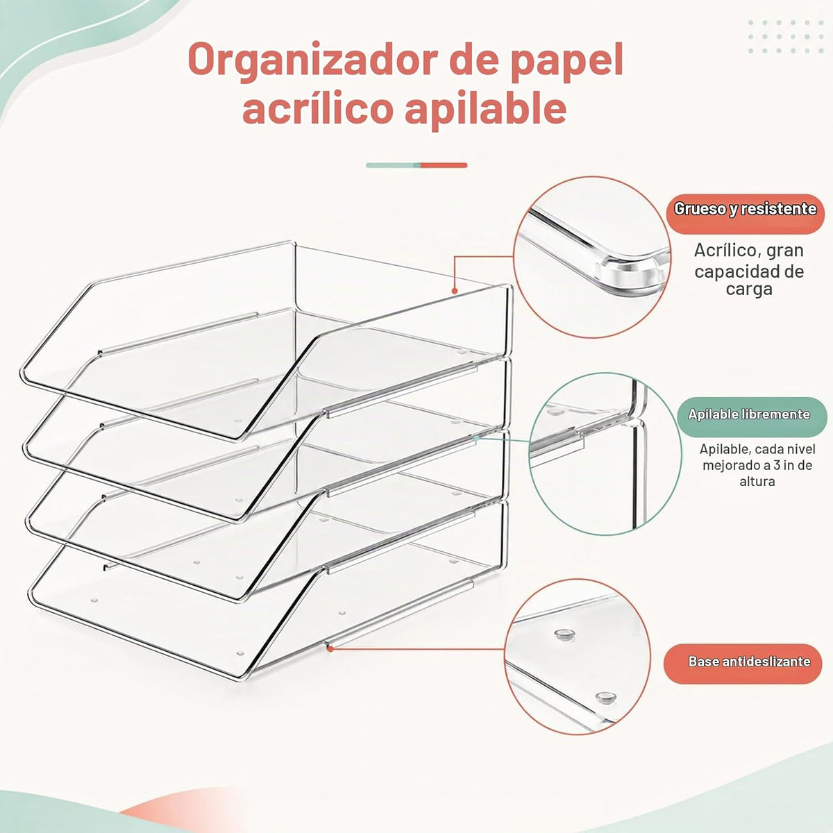 Bandeja organizadora de papel acrílico apilable de 4 niveles para
