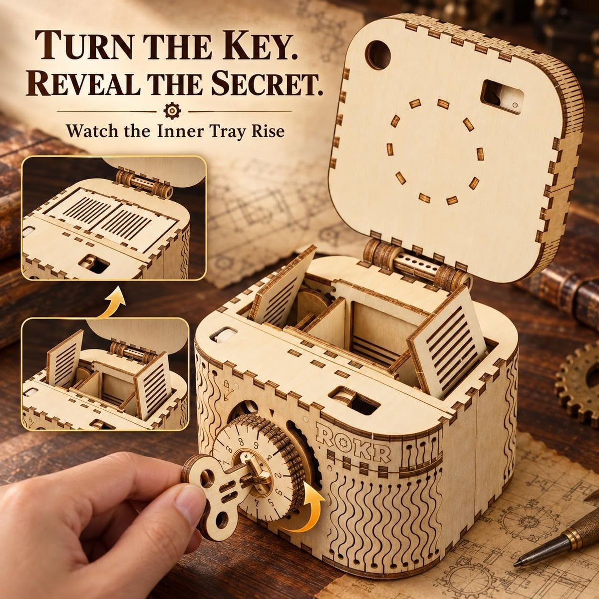 ROKR Caja del Tesoro Mecánica Rompecabezas 3D de Madera Modelo DIY Rompe-Cabezas Mental Proyectos para Adultos Edad 14+ Regalo de Cumpleaños Juguetes Educativos Rompecabezas de Madera para Adultos