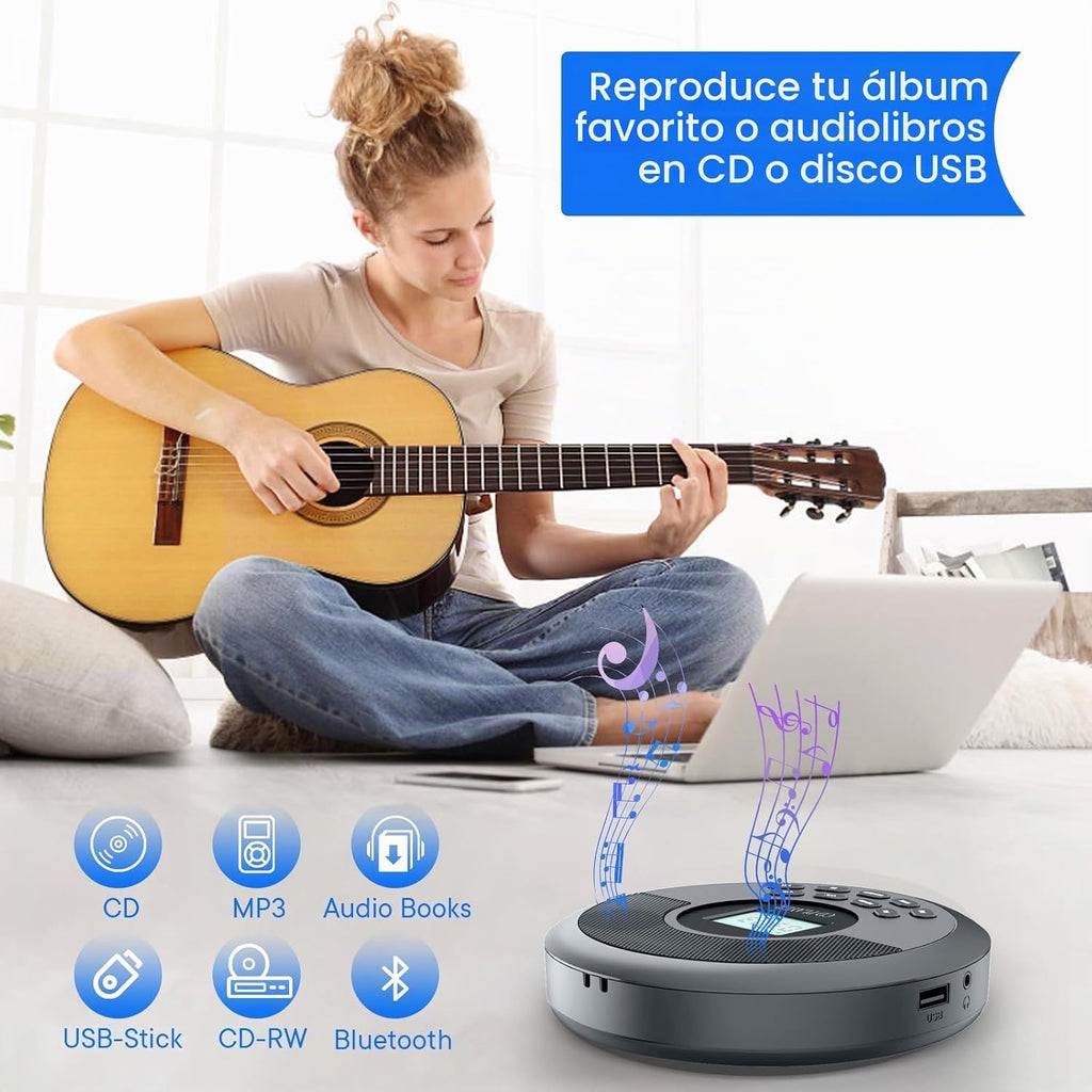 Reproductor de CD portátil Bluetooth con altavoces y auriculares