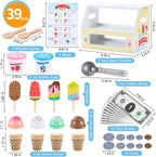 Mini juguetes de helado de madera para niños, juguetes de cocina de simulación, juguetes de comida de cocina, juego de mostrador para niños pequeños con cucharada, menú y dinero falso para niños de 3, 4, 5, 6 años, regalos de cumpleaños de Navidad