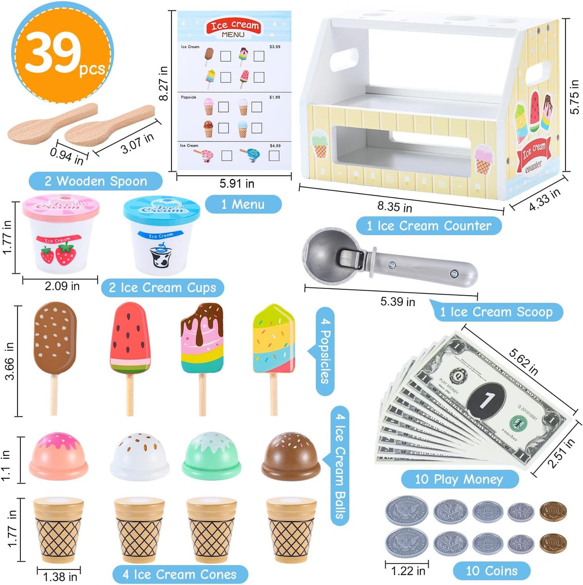 Mini juguetes de helado de madera para niños, juguetes de cocina de simulación, juguetes de comida de cocina, juego de mostrador para niños pequeños con cucharada, menú y dinero falso para niños de 3, 4, 5, 6 años, regalos de cumpleaños de Navidad
