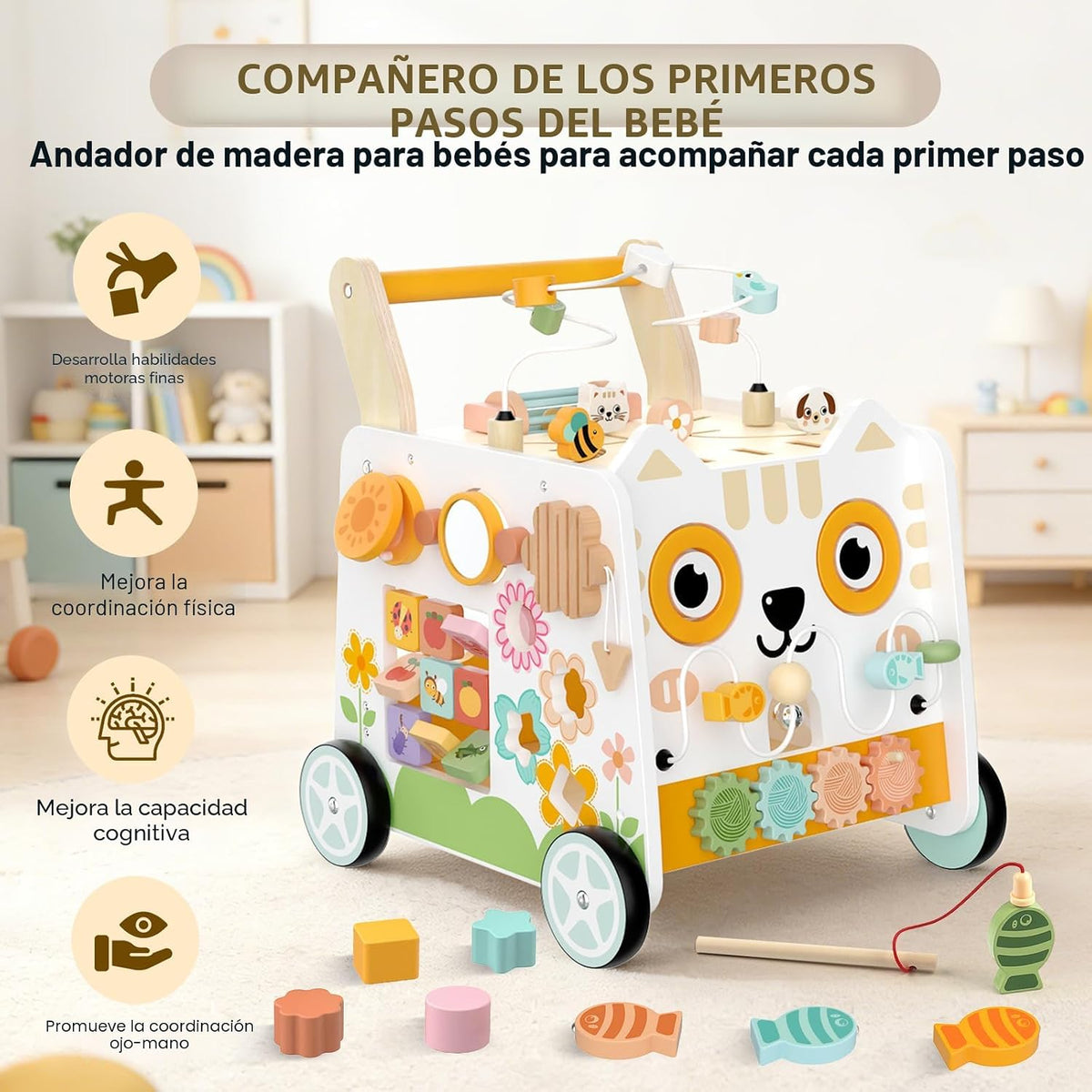 Andador de madera para bebés Weilim con centro de actividades, juguete Montessori 12M+