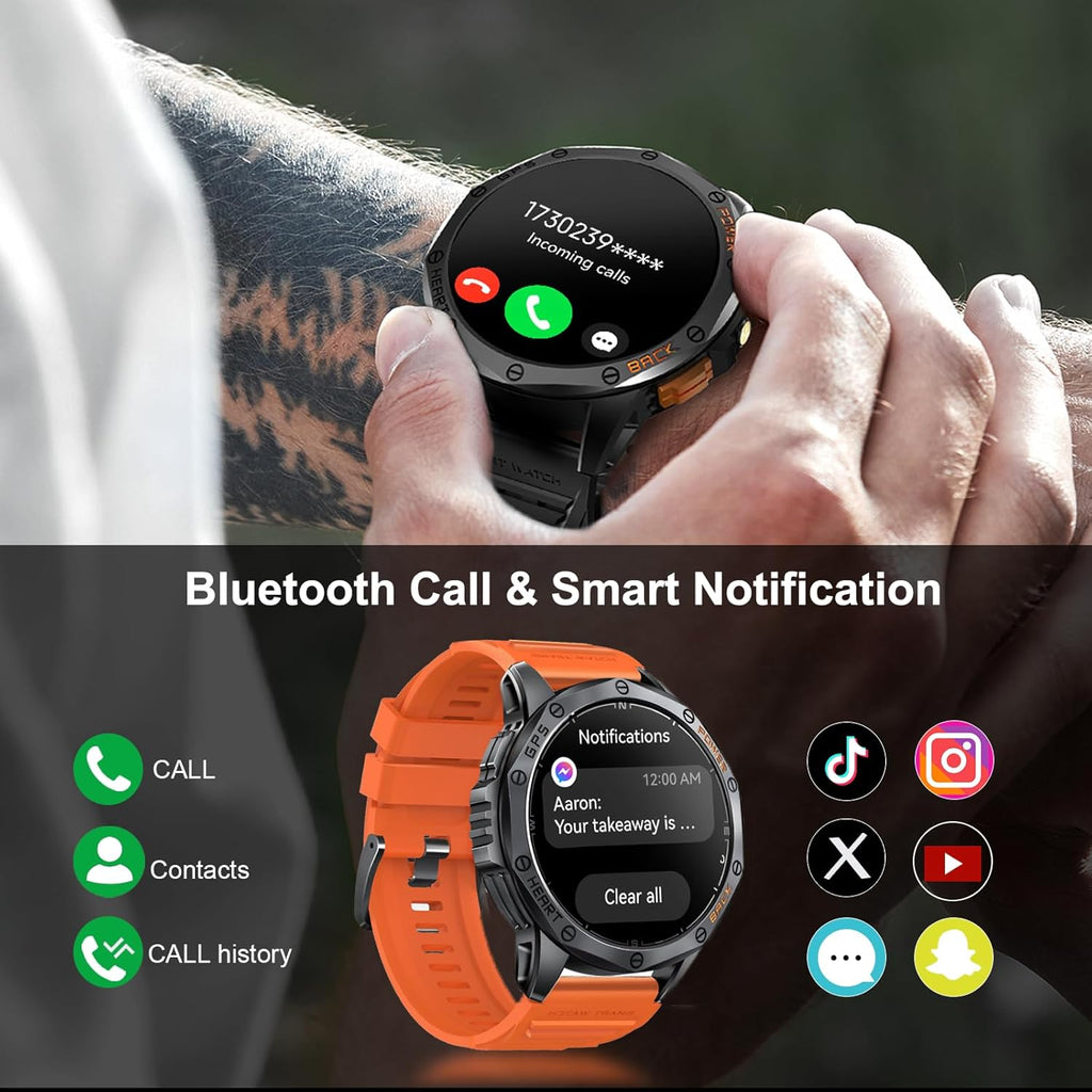 Relojes inteligentes militares con GPS integrado, más de 170 modos deportivos para hombres con linterna, reloj inteligente para teléfonos Android y iPhone, pantalla AMOLED de 1.43 pulgadas, altímetro